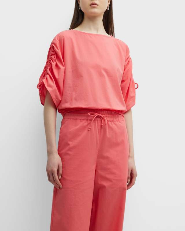 Cropped Ruched-Sleeve Cotton Modal Blouse
